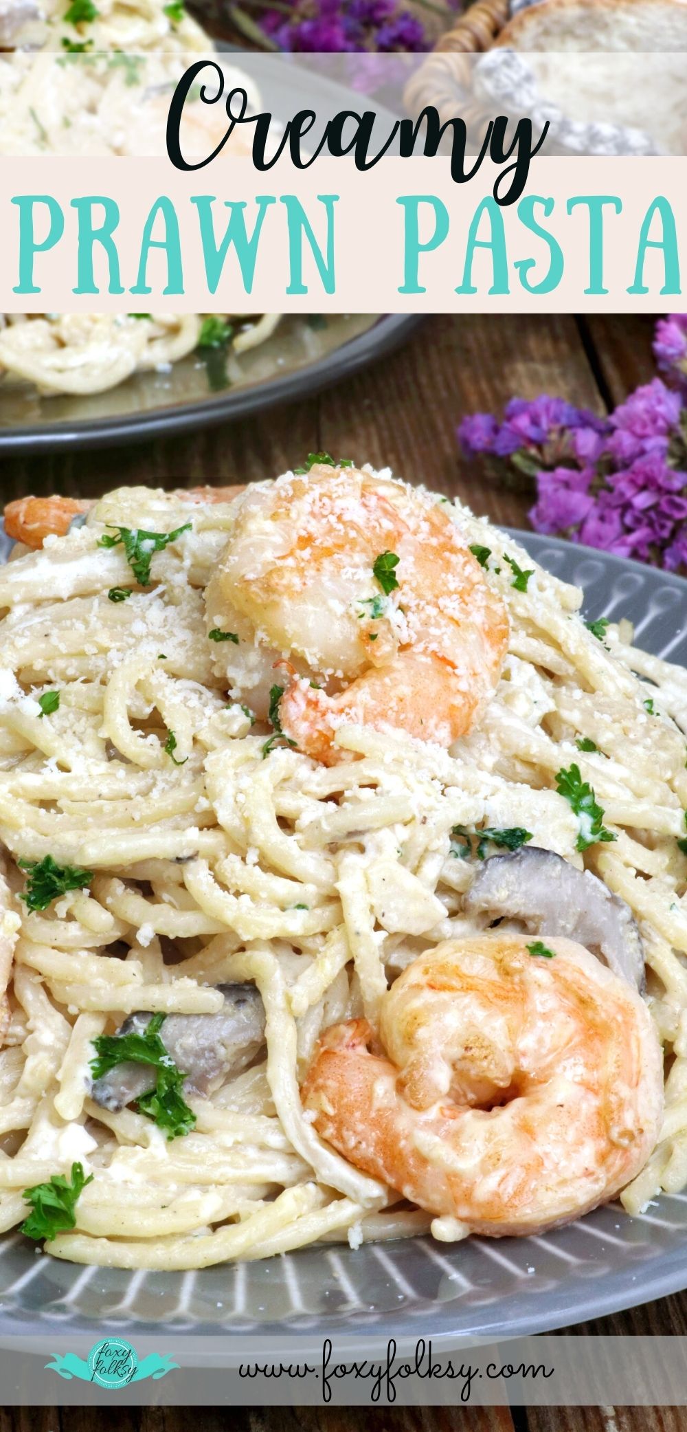 Creamy, garlicky prawn pasta with plump prawns and meaty mushrooms.