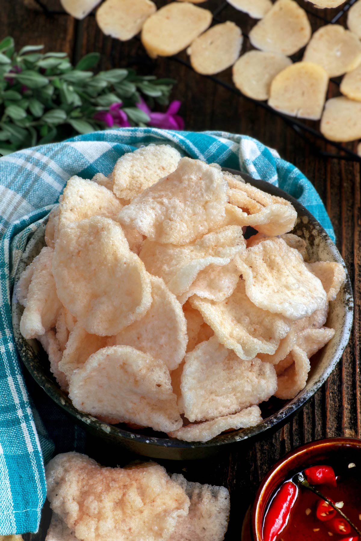 Crunchy and flavorful homemade Prawn crackers on a serving bowl.