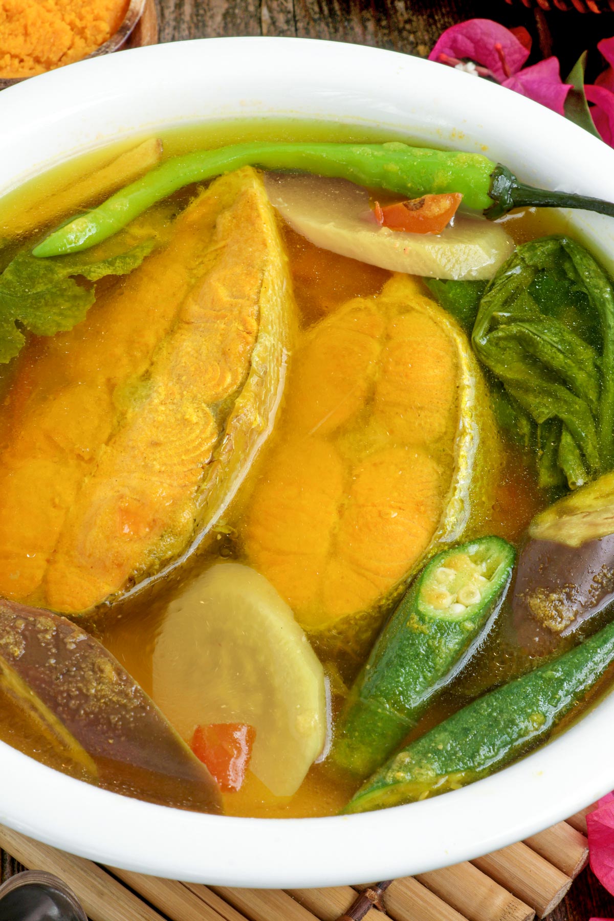 Sinigang sa Miso with tender fish meat and fresh veggies in a tangy-umami broth.