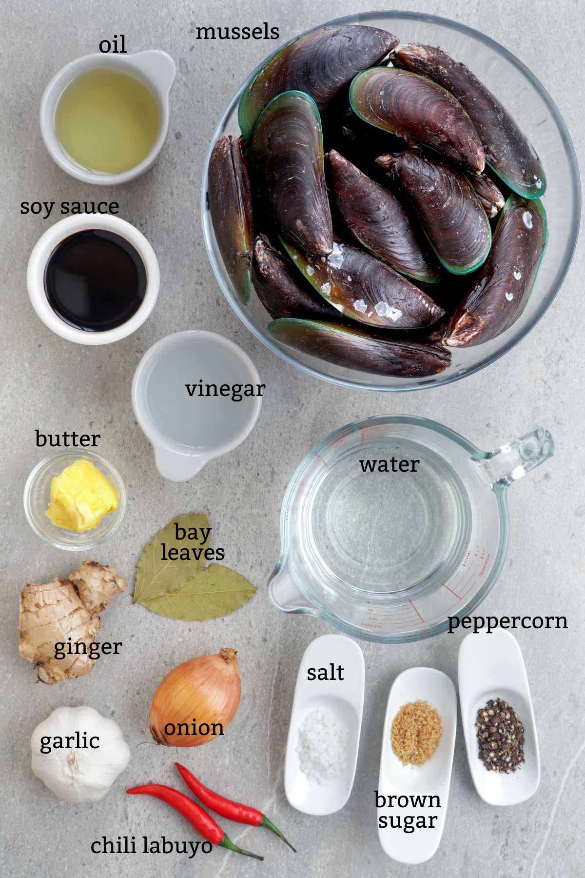 Ingredients for Adobong Tahong.
