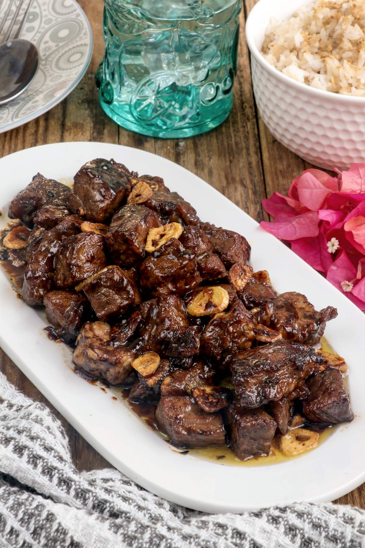 Beef Salpicao with tender beef chunks coated with a savory sauce.