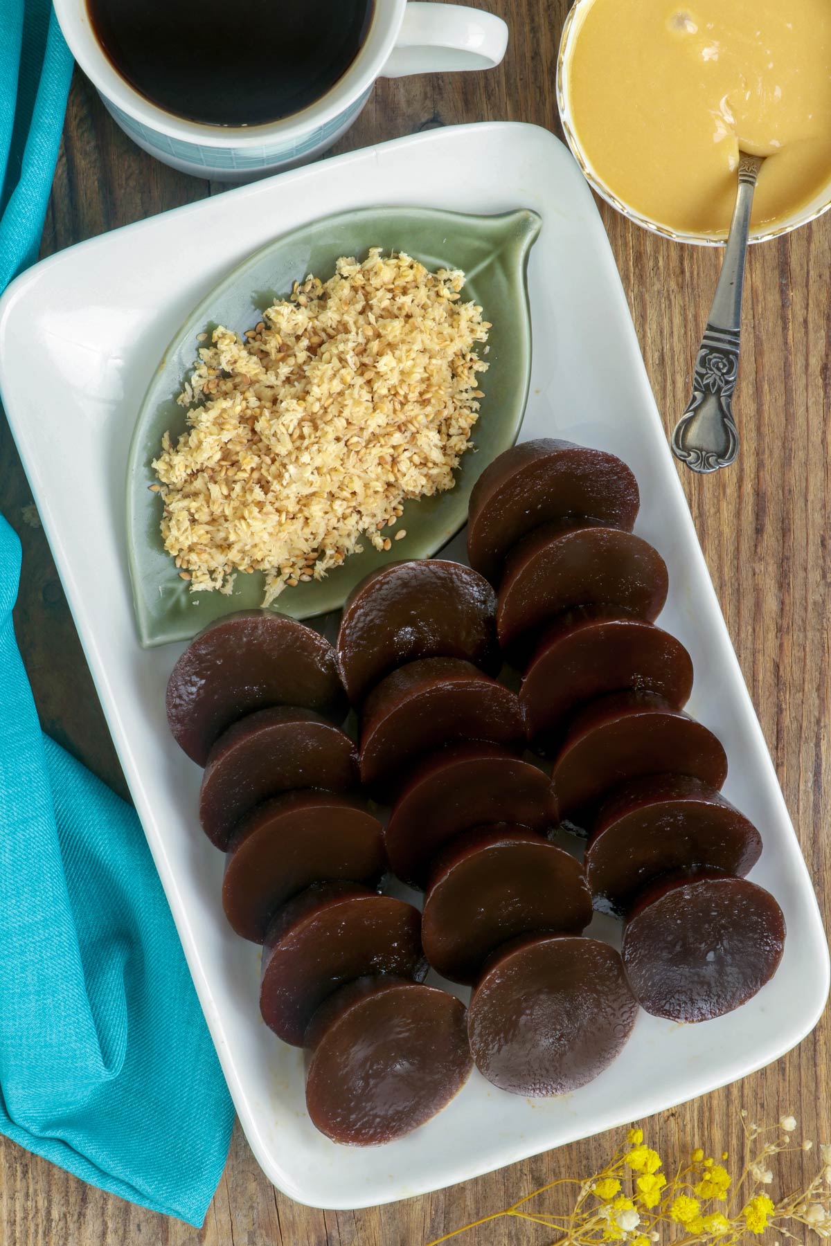 Black Kutsinta served with desiccated coconut and dulce de leche.