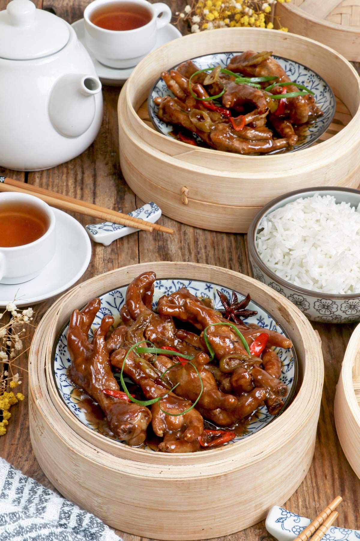 Chicken Feet Dimsum in bamboo steamers.