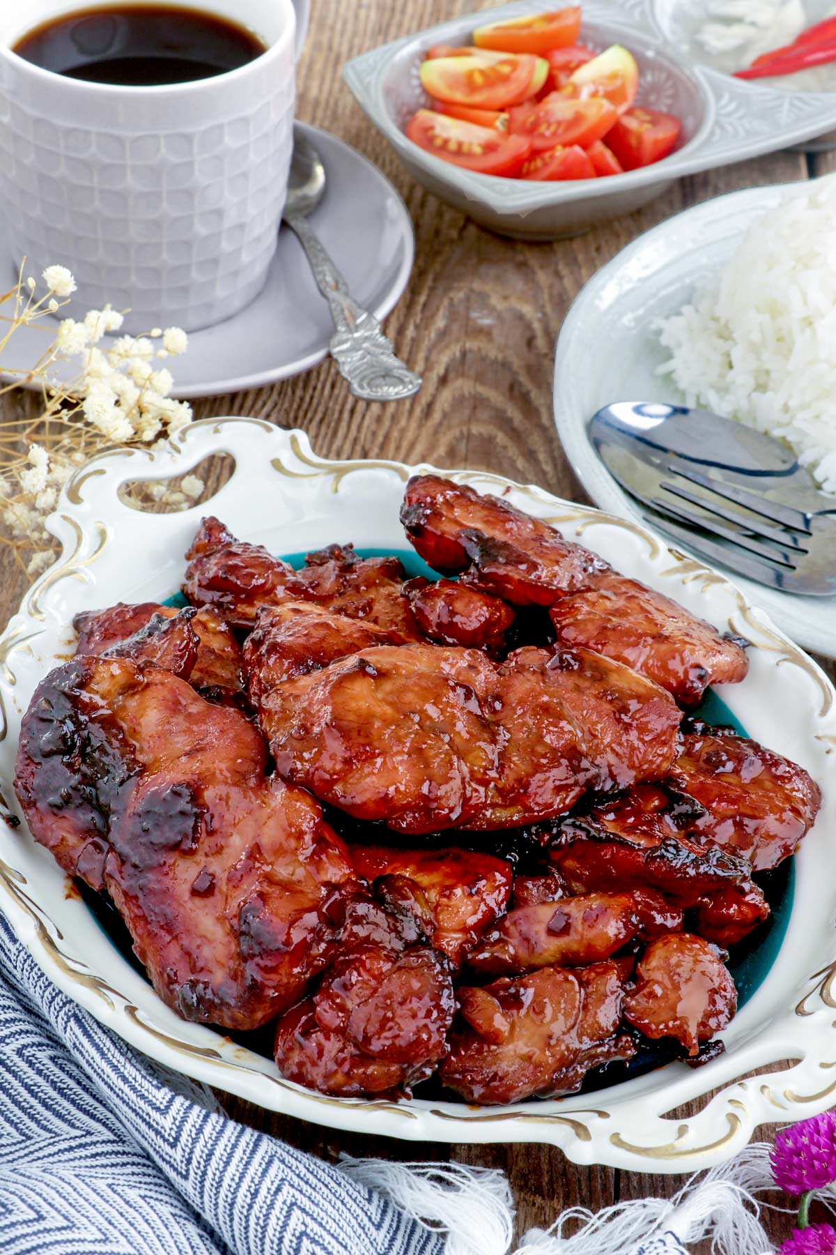 Homemade Chicken Tocino on a serving platter.