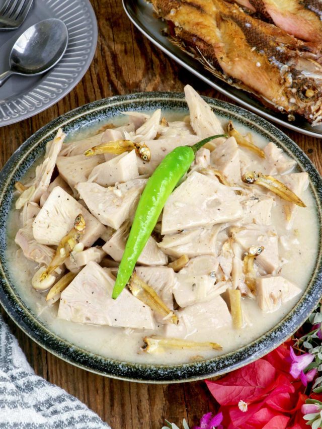 Ginataang Langka made with unripe jackfruit with dried anchovies simmered in coconut cream.