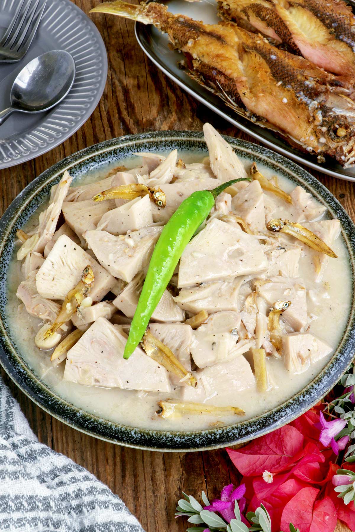 Ginataang Langka made with unripe jackfruit with dried anchovies simmered in coconut cream.