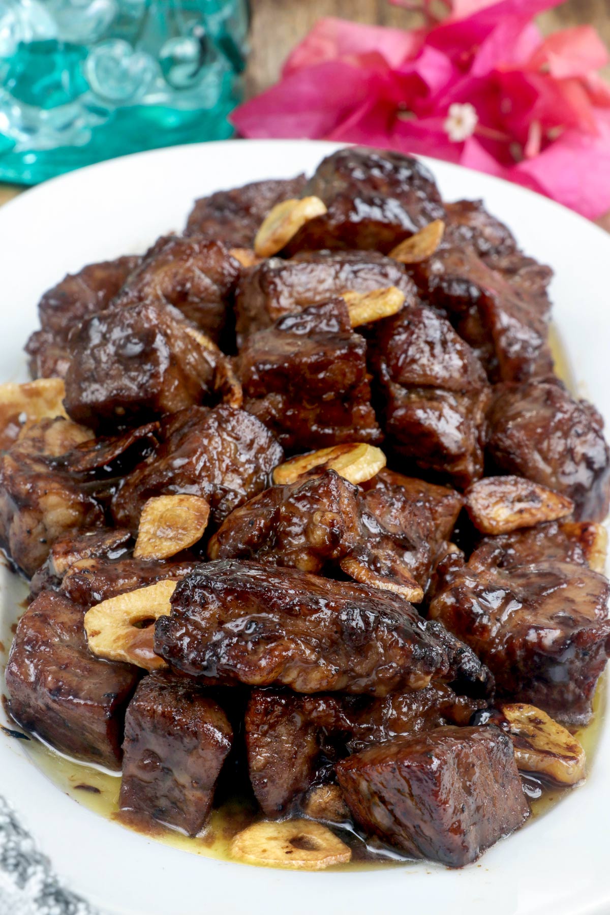 Beef Salpicao with tender beef chunks coated with a savory sauce.