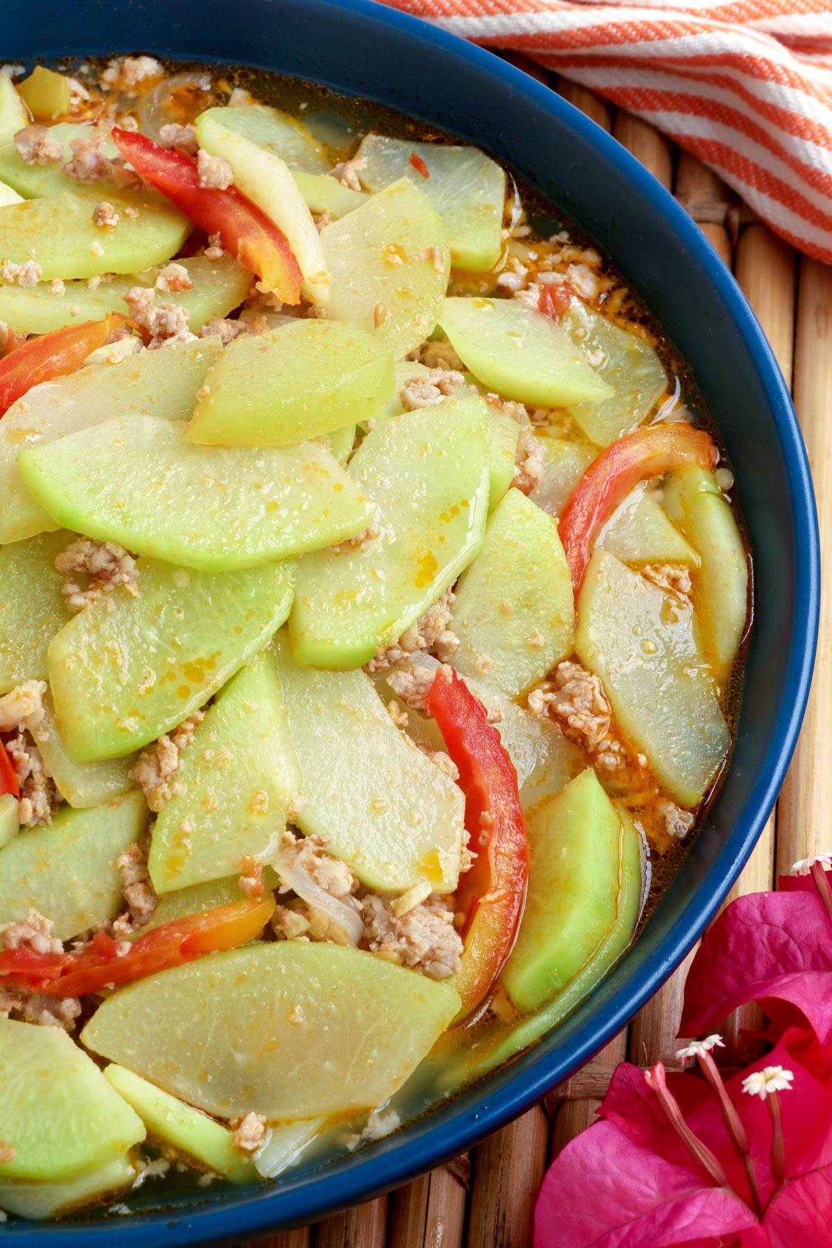 Sauteed Chayote slices wiith tomatoes and ground pork.