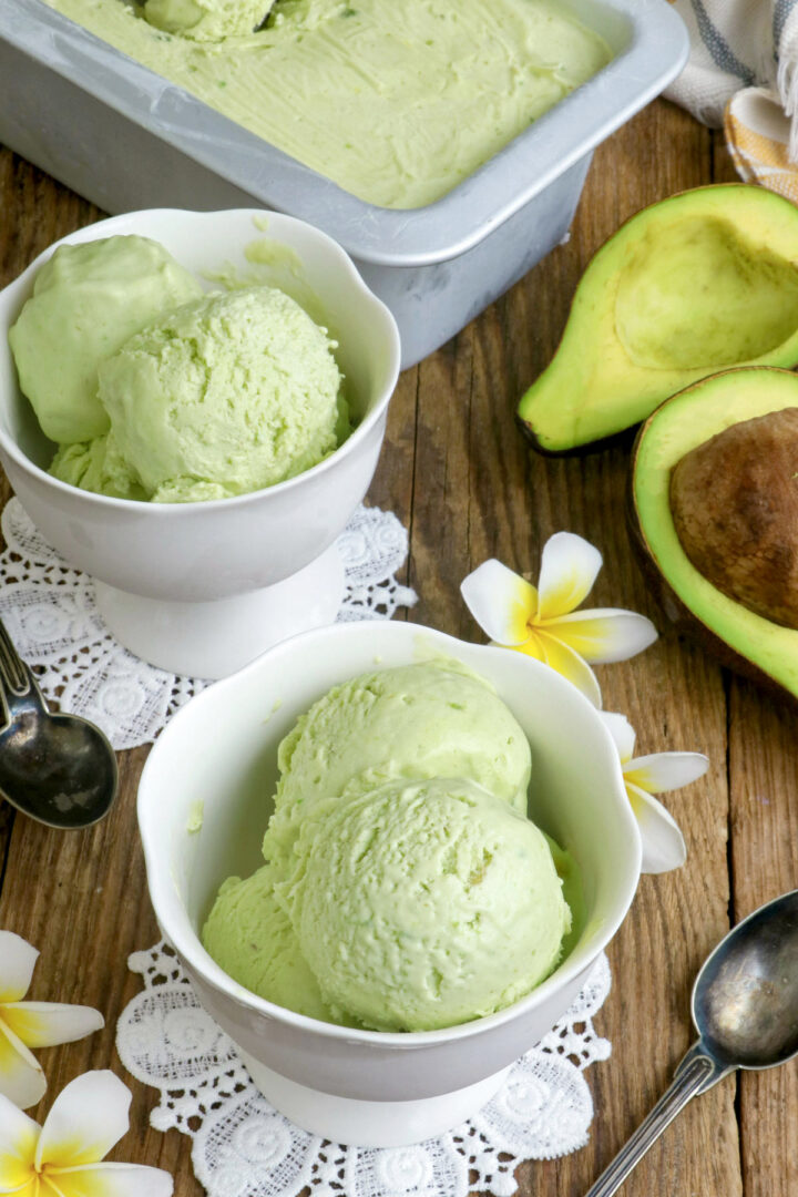 Homemade Avocado ICe Cream made with fresh avocados, whipping cream, and condensed milk.