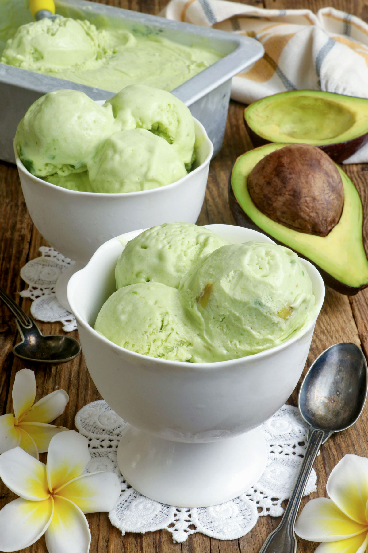 Creamy and refreshing Avocado Ice Cream in dessert bowls.
