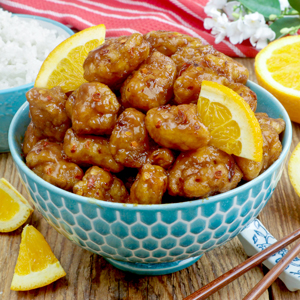 Homemade Orange Chicken served with steamed rice.