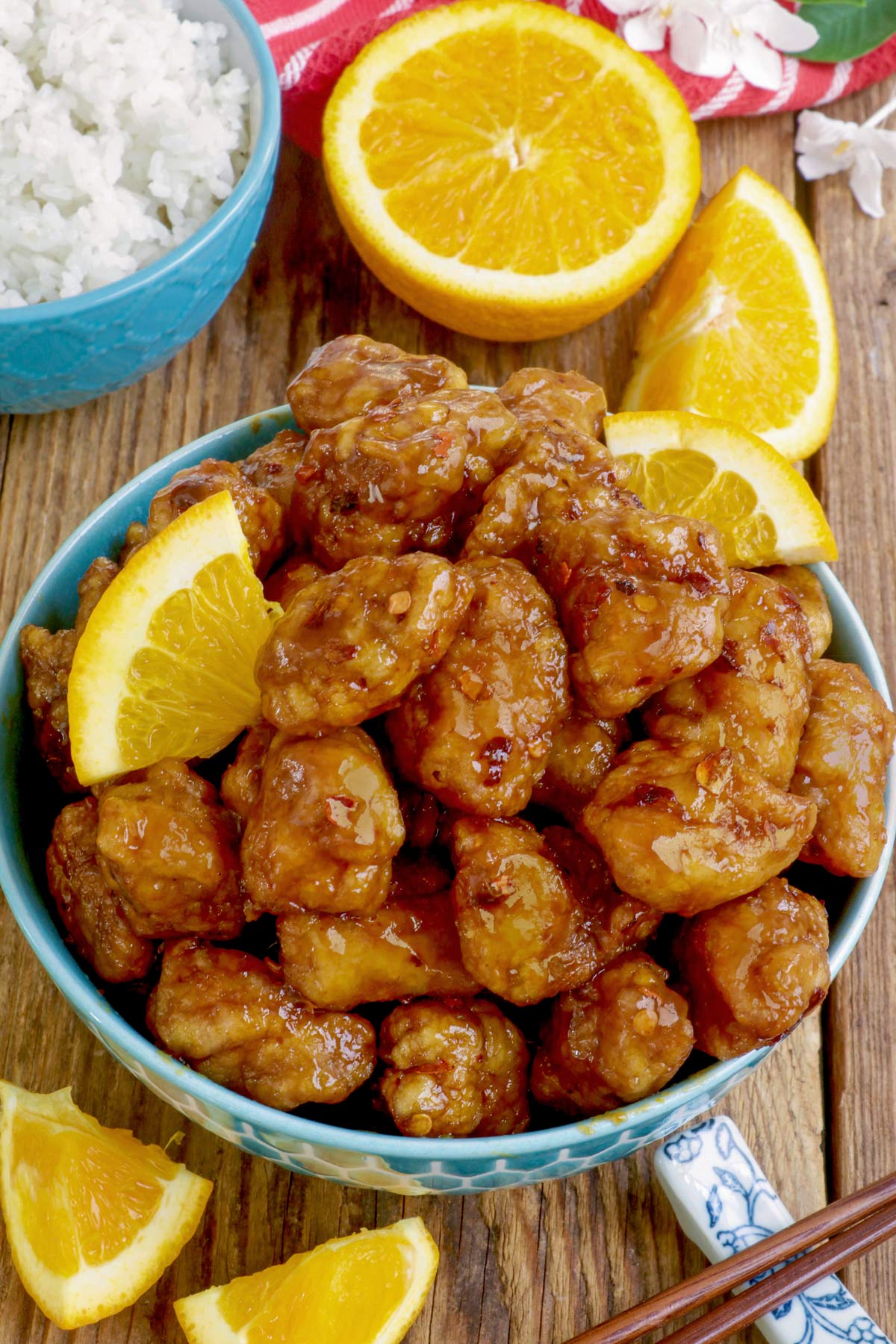 Orange chicken, chicken with mushrooms and rice from Asian Chao