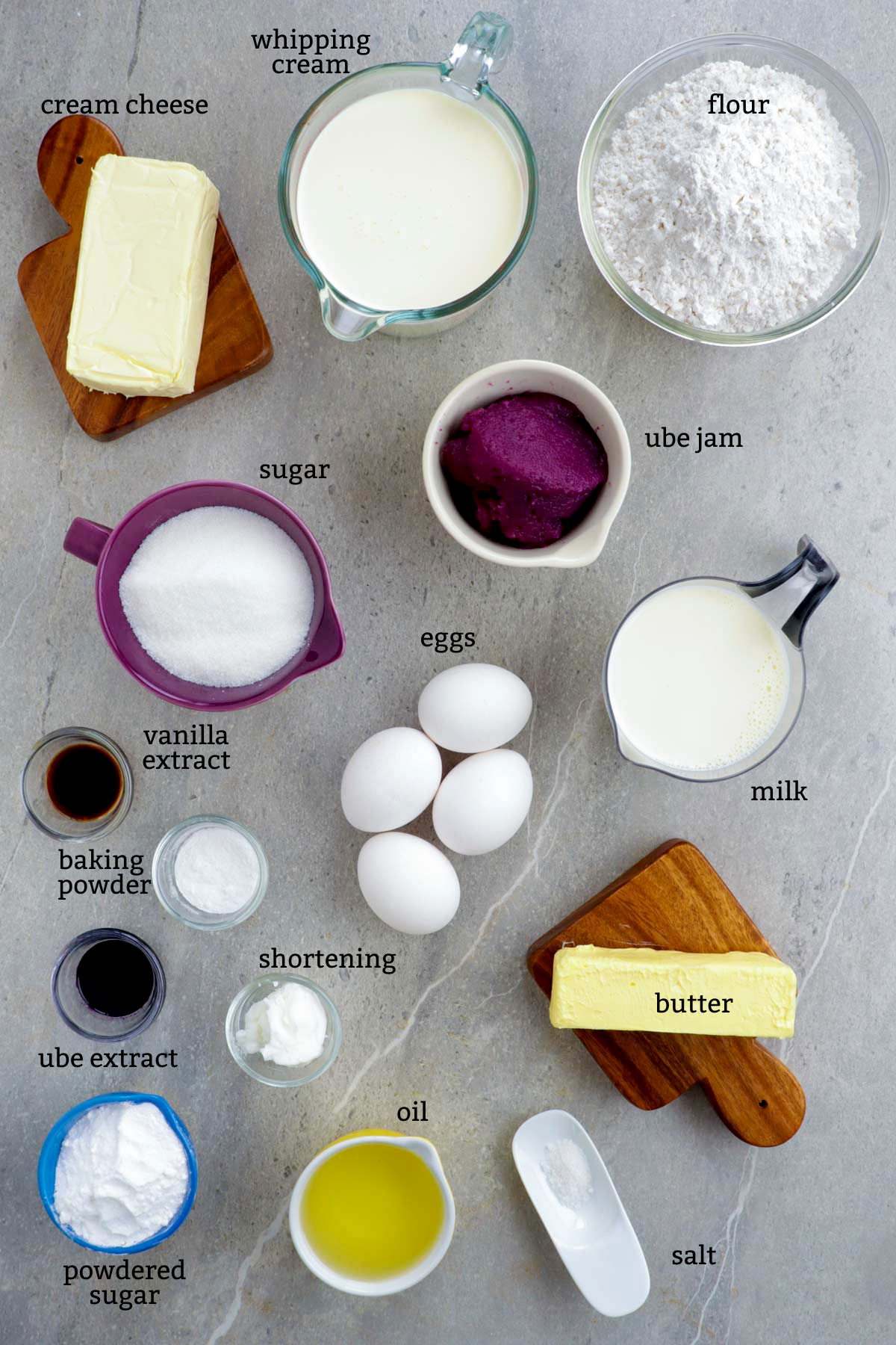 Ingredients for Ube cake.