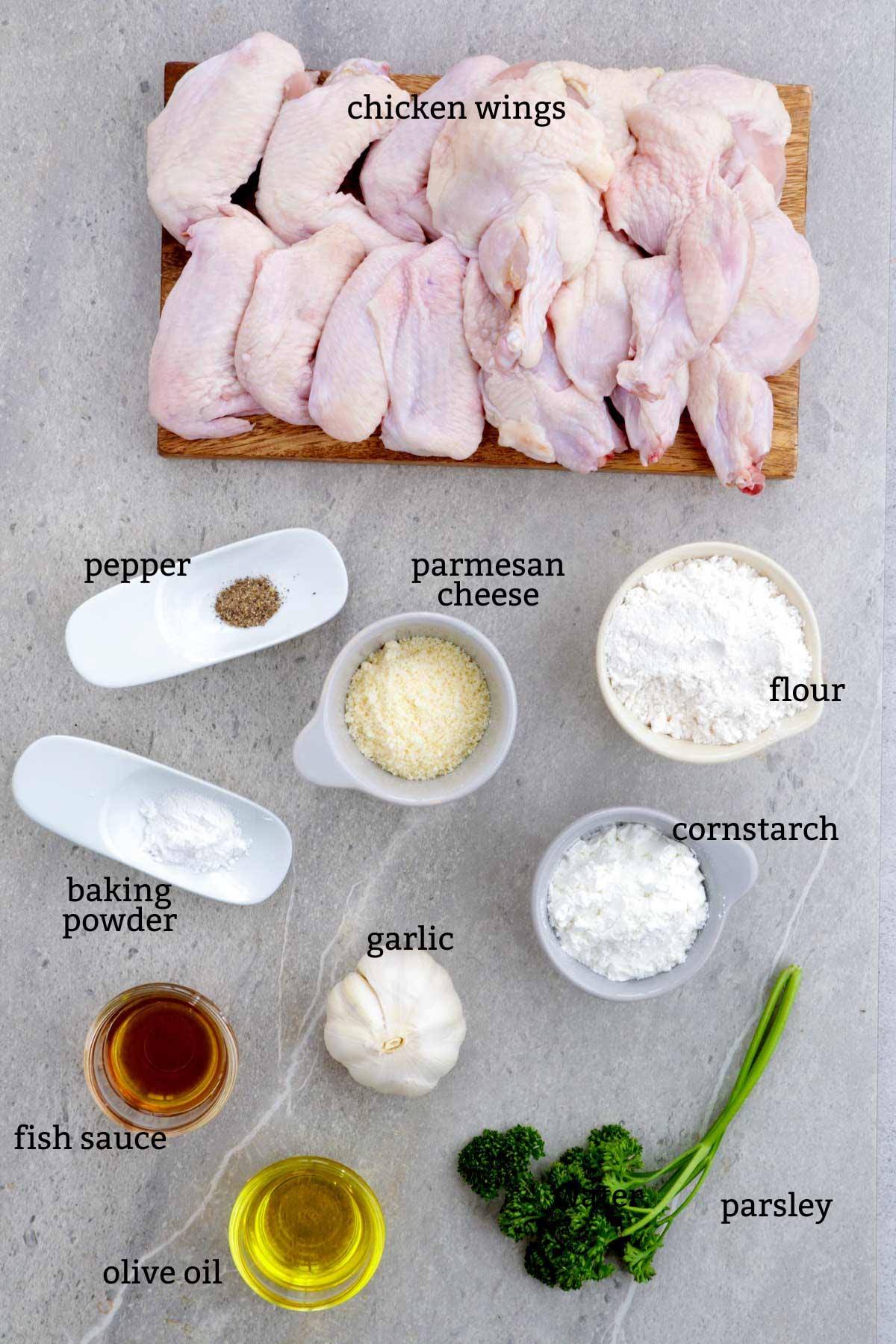 Ingredients needed for Garlic Parmesan Wings.