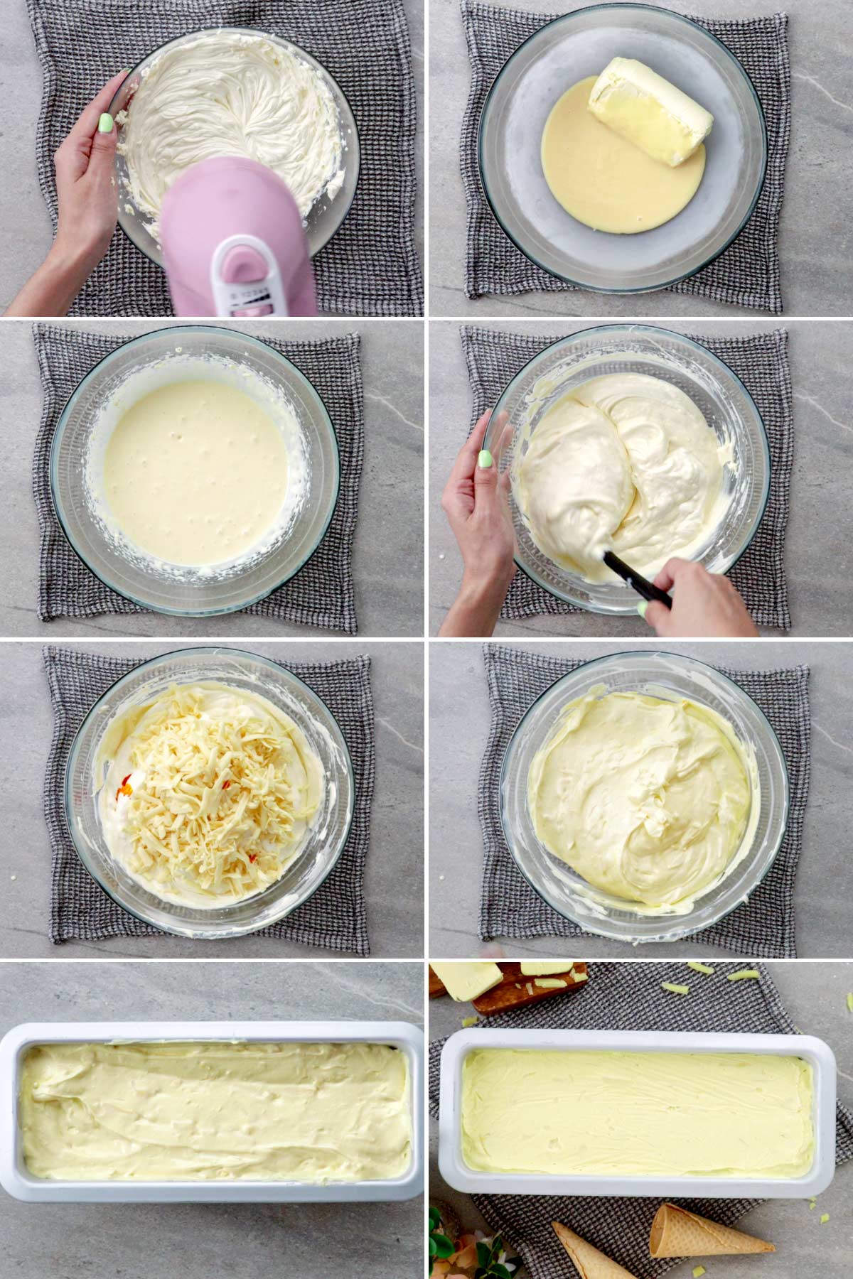 Steps in making homemade no-churn cheese ice cream.