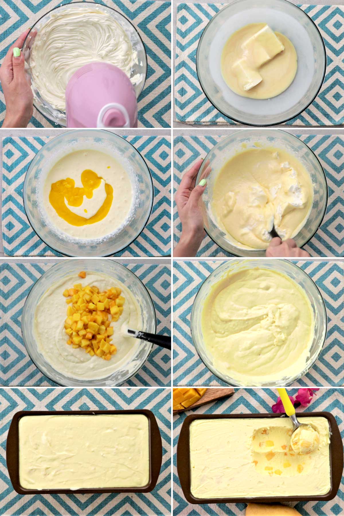 Steps in making homemade mango ice cream.