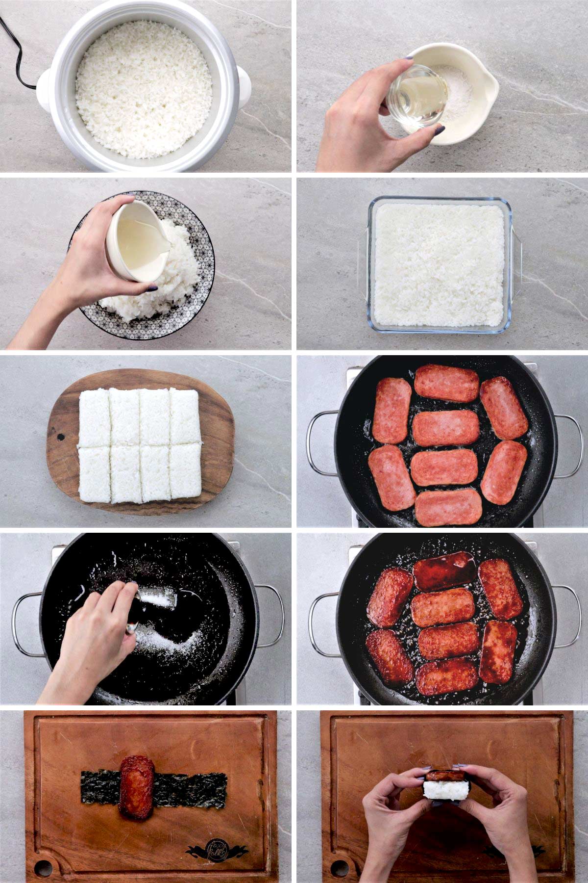Steps on how to make Spam Musubi.