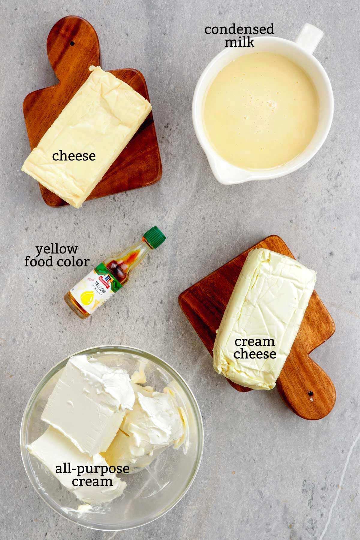 Ingredients needed for cheese Ice cream recipe.