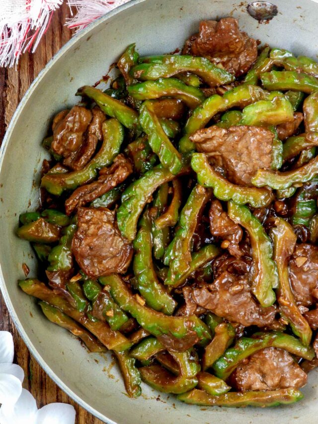 Tender beef slices and ampalaya stir-fried in a delicious brown sauce.