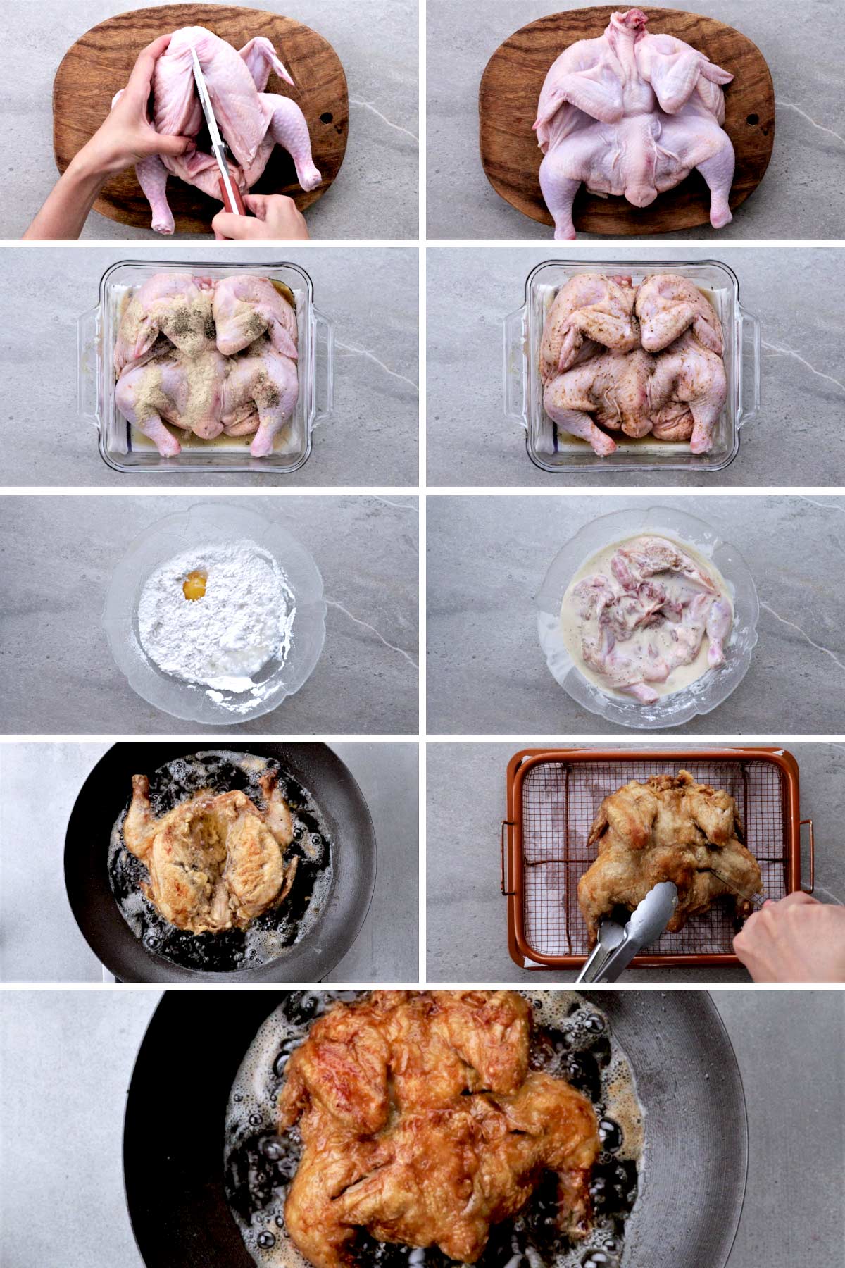Steps on how to cook a super crispy whole fried chicken.