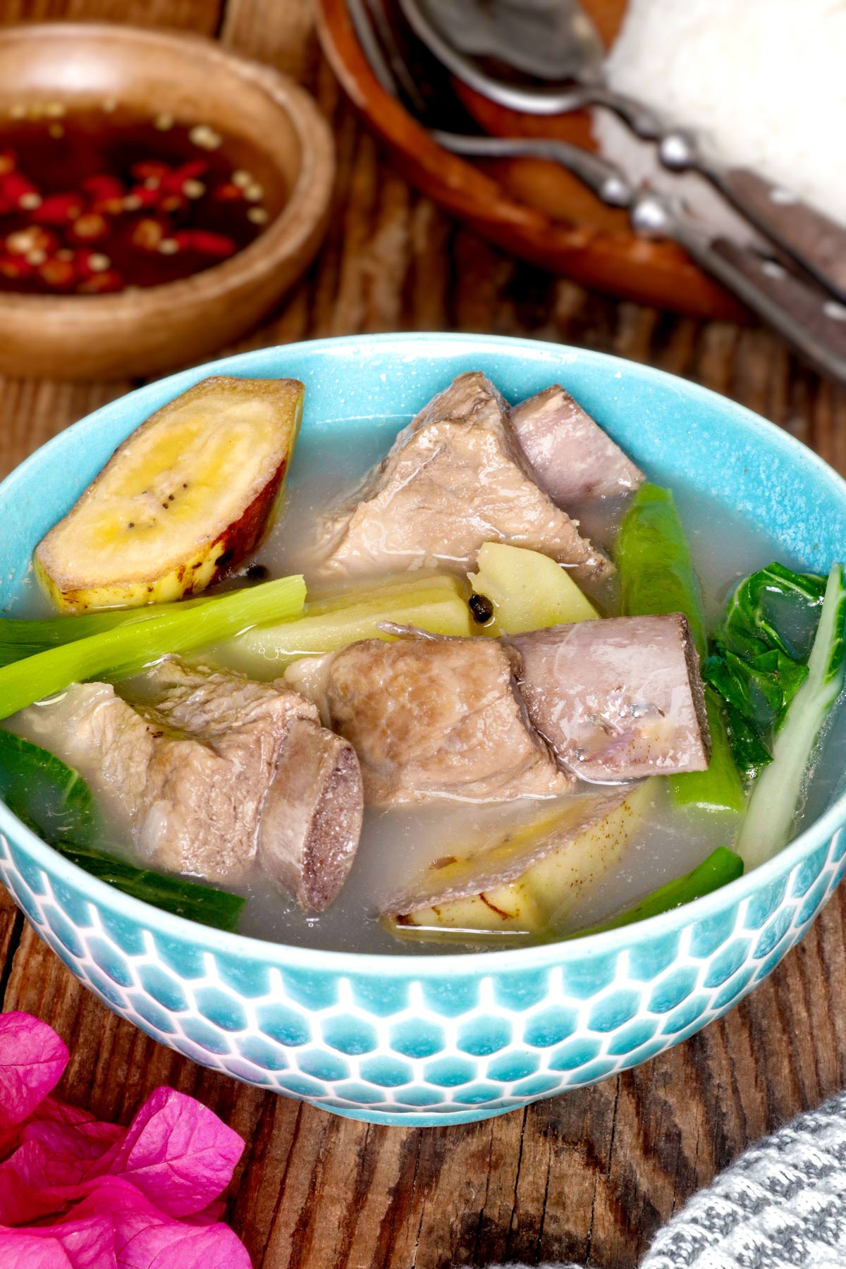 A hot bowl of nilagang baboy with saba banana, potatoes, and pechay.