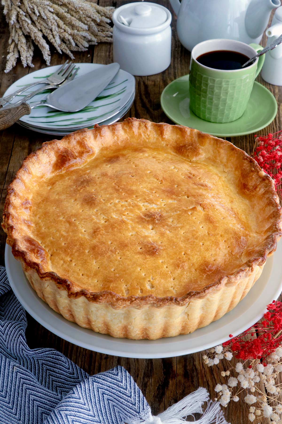 Unsliced buko pie on a serving platter. 