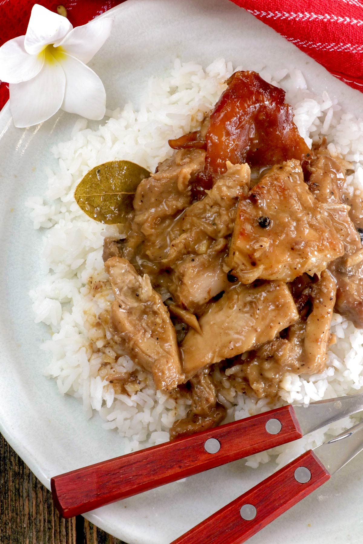 Steamed rice topped with lechon paksiw.