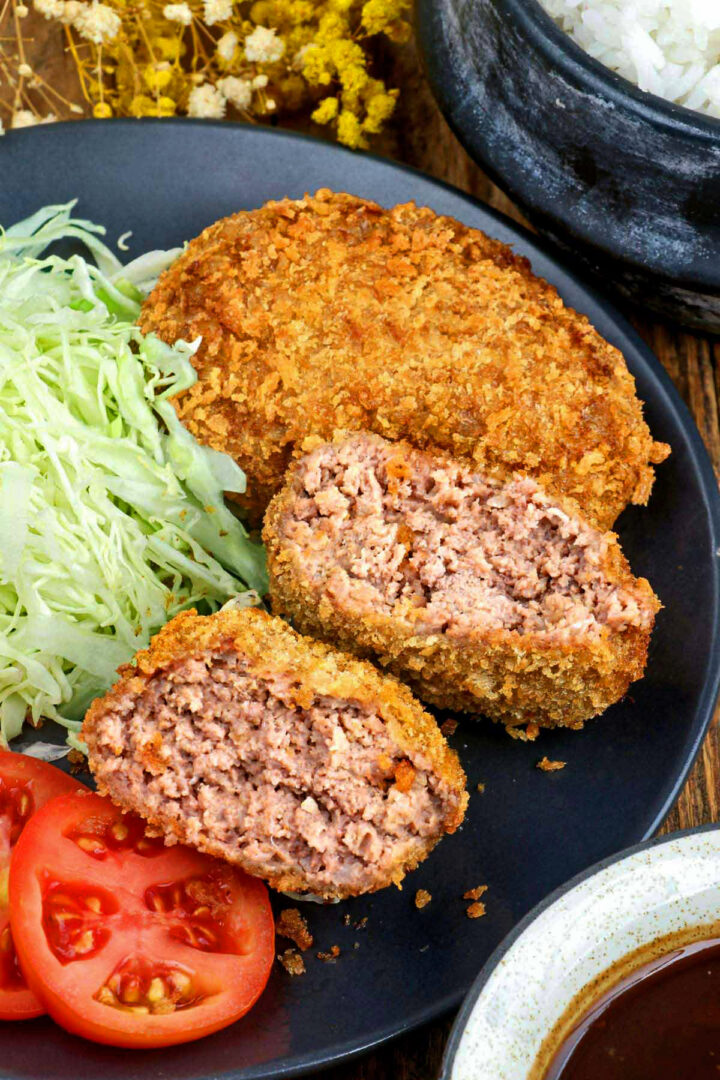 Menchi Katsu or Japanese breaded ground meat patty fried to golden perfection.
