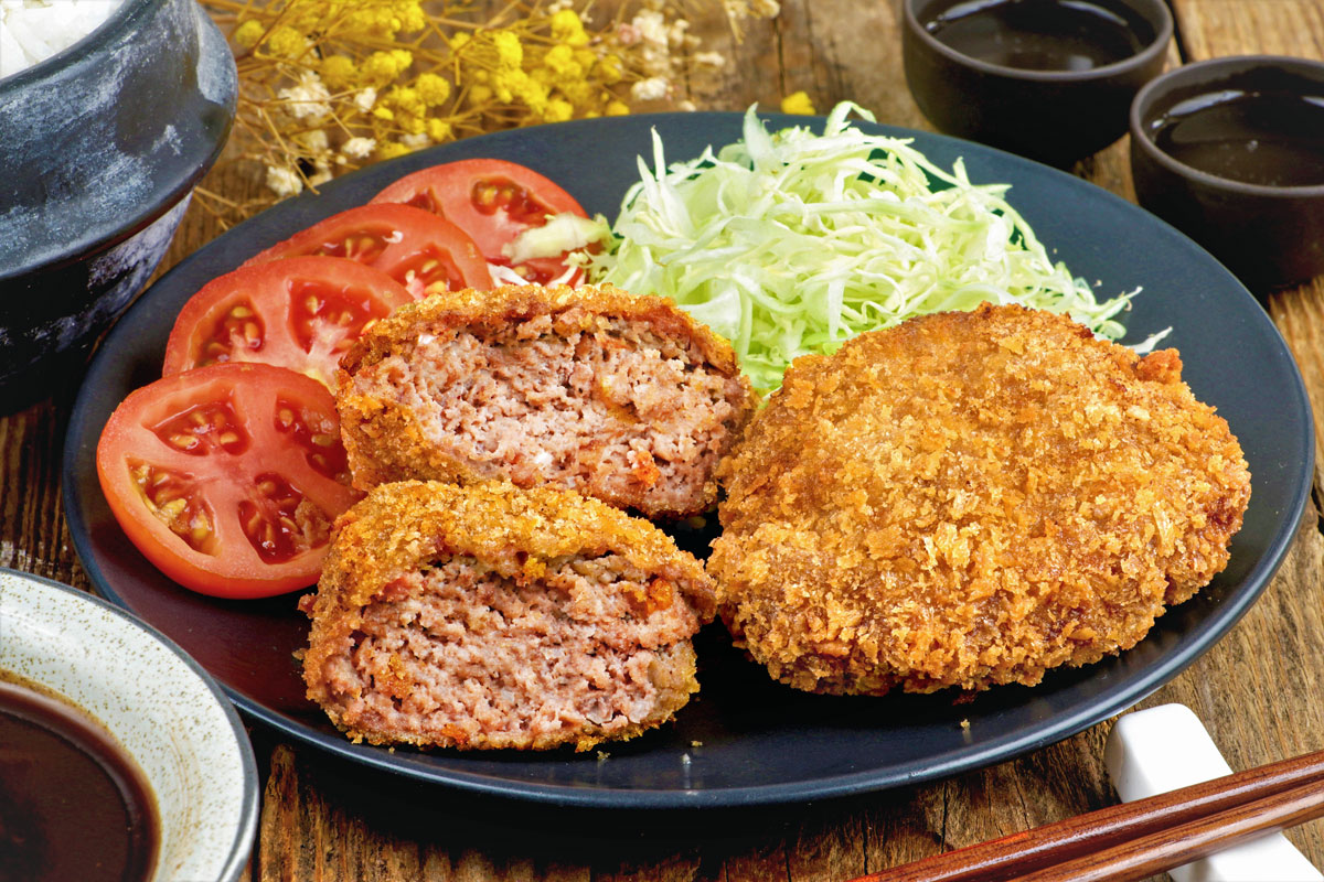 Menchi Katsu or Japanese ground meat cutlet fried to golden perfection.