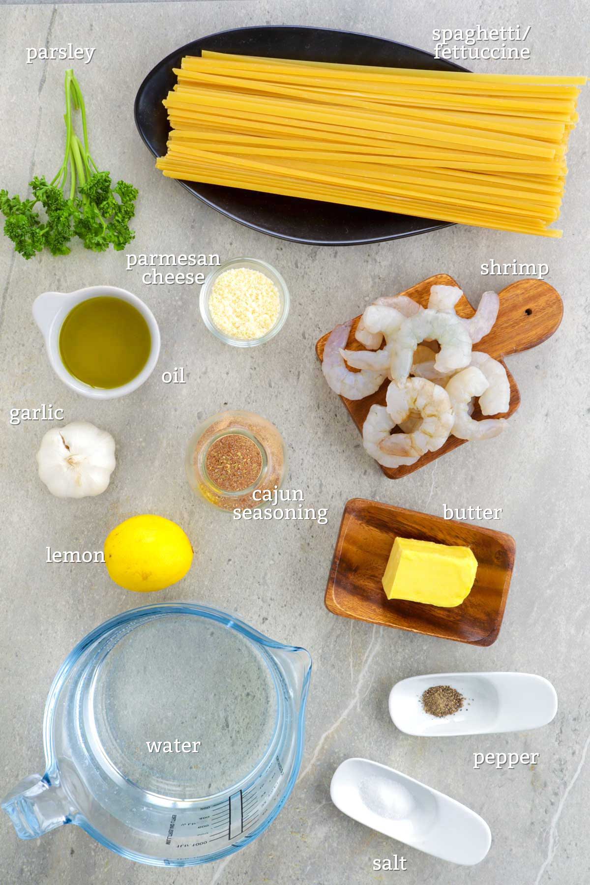 Ingredients for cajun shrimp pasta.