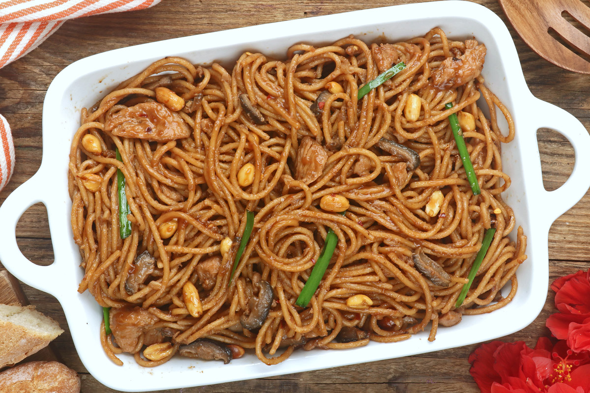 Charlie Chan Pasta on a serving dish.