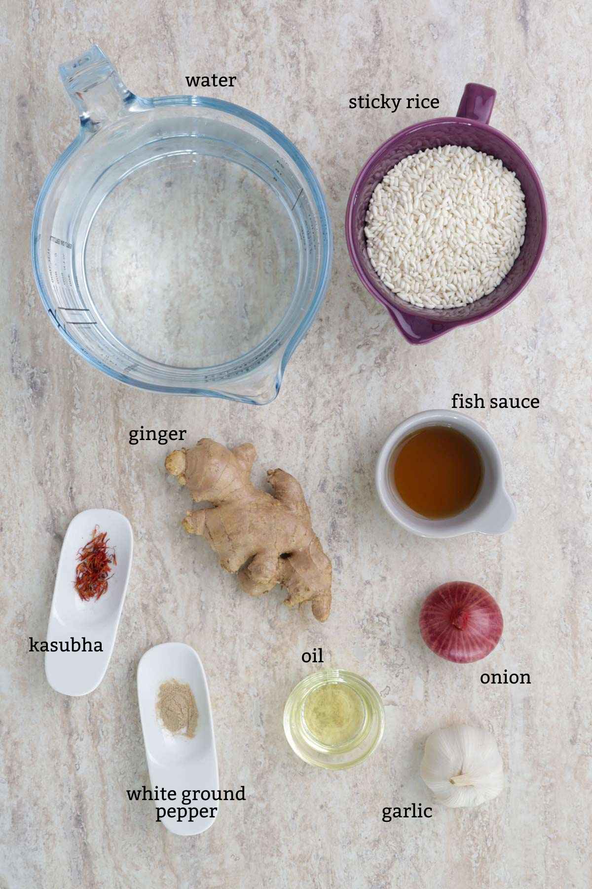 Ingredients needed in cooking lugaw.
