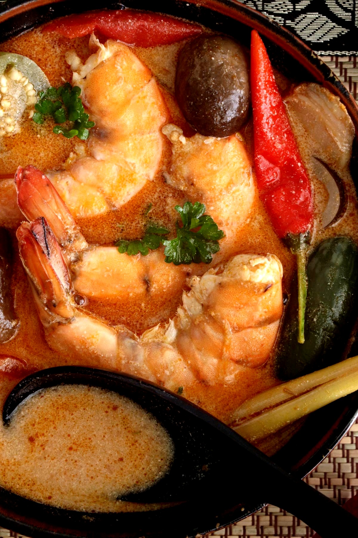 Tom yum soup with plump shrimp.
