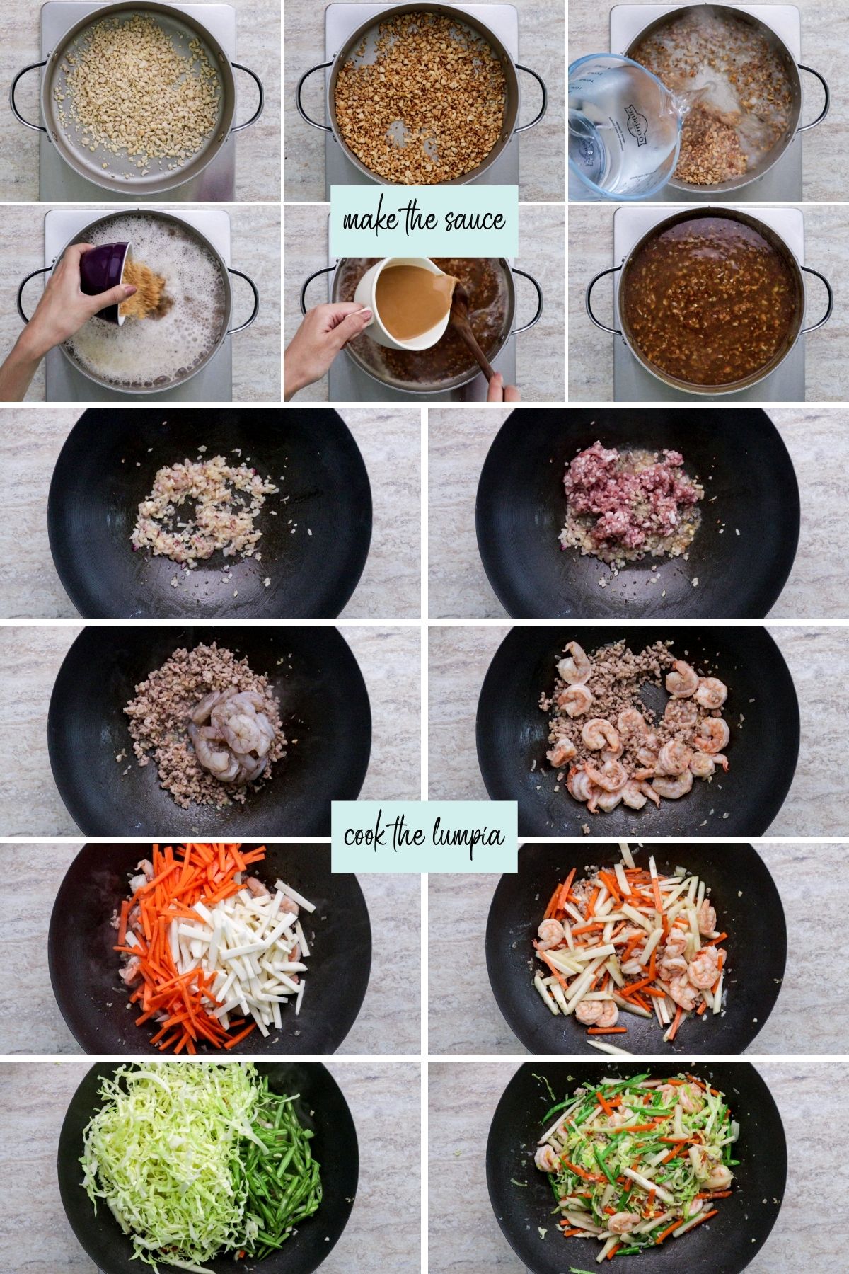 Steps on how to cook lumpiang hubad and lumpia sauce.