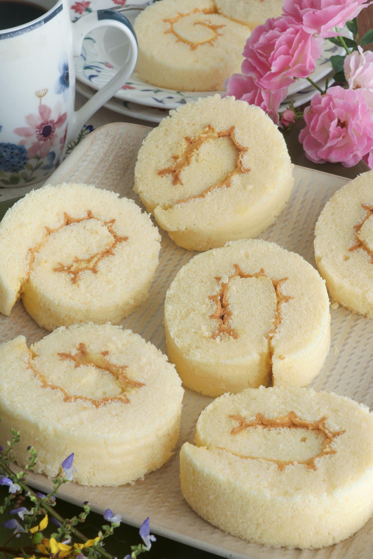 Soft and fluffy pianono slices on a serving plate.