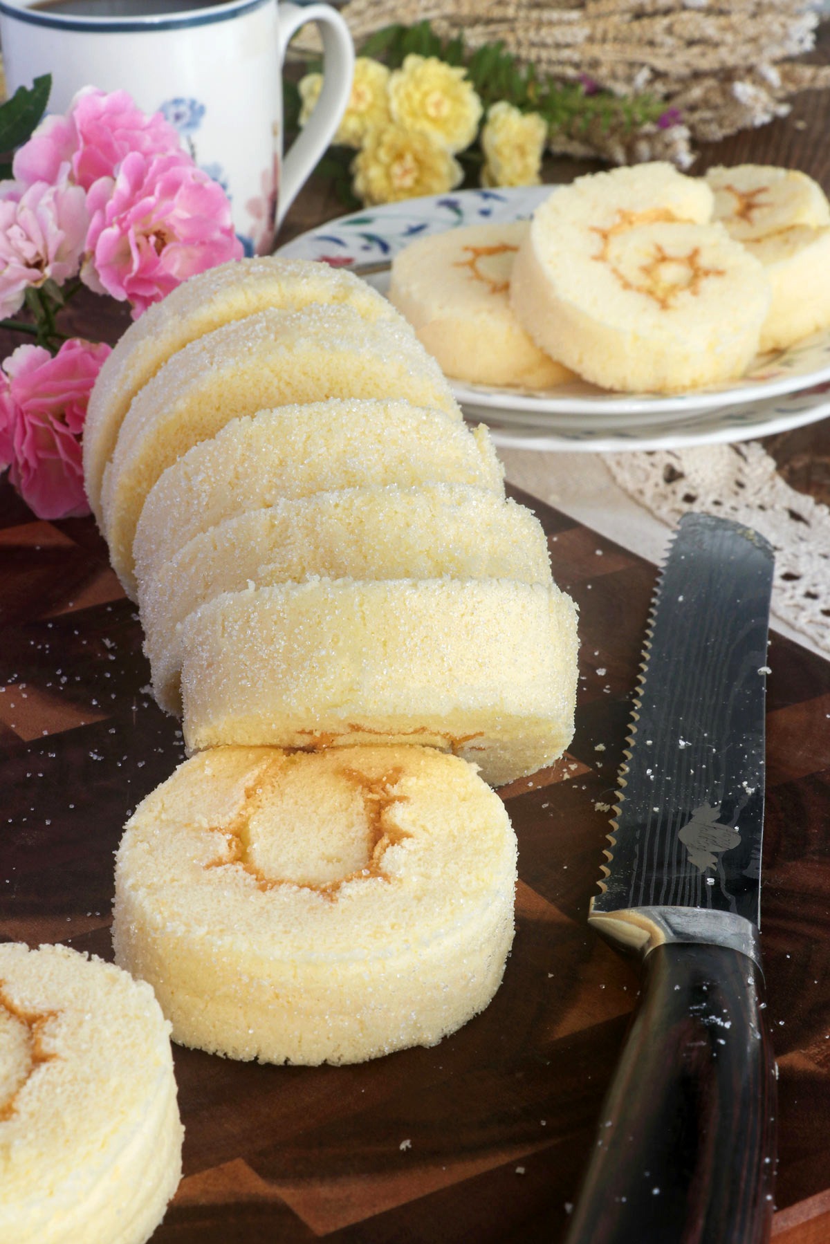 Pianono with margarine and sugar filling cut into serving portions.