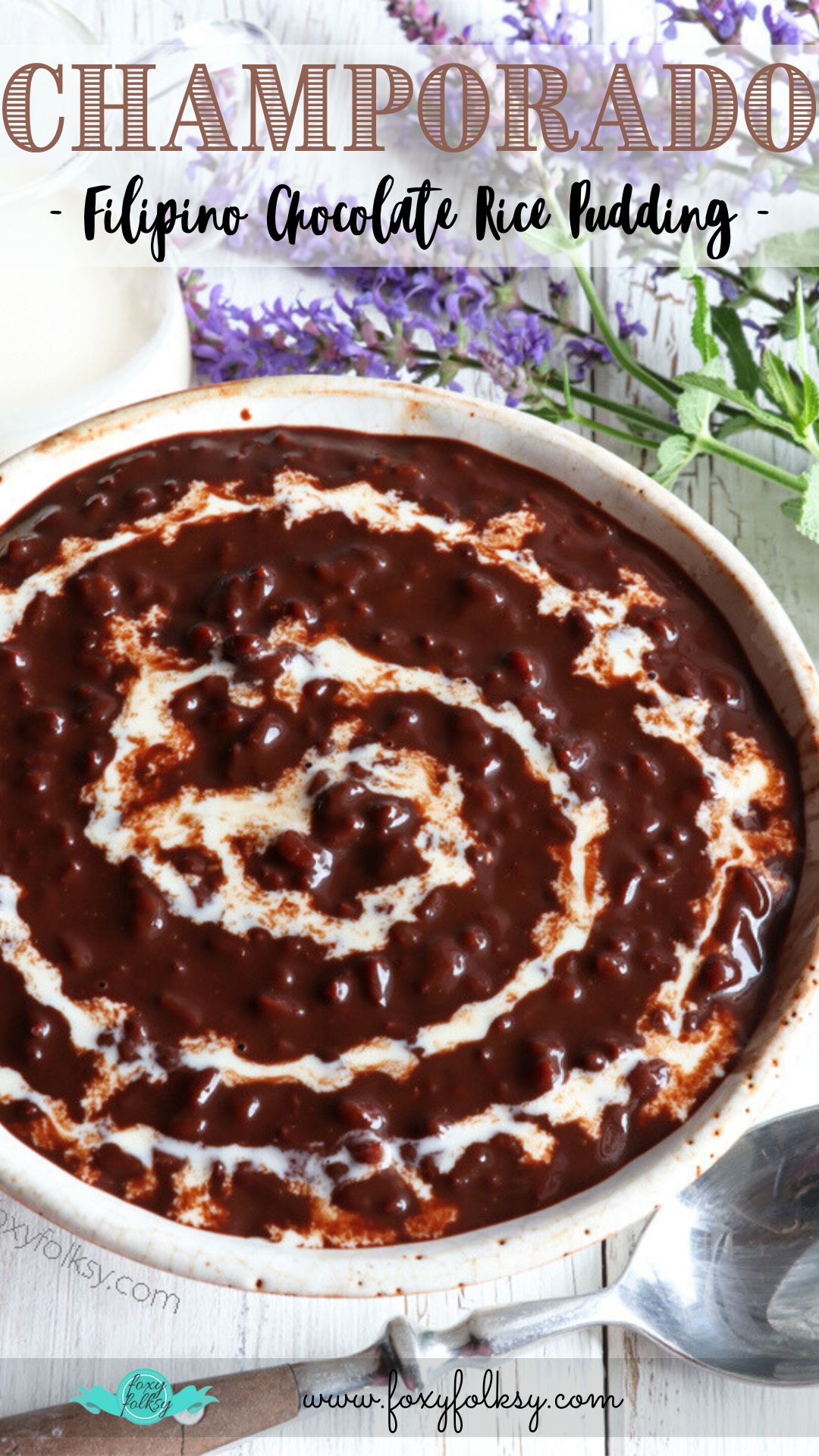 Champorado, a Filipino chocolate rice pudding with milk on top.
